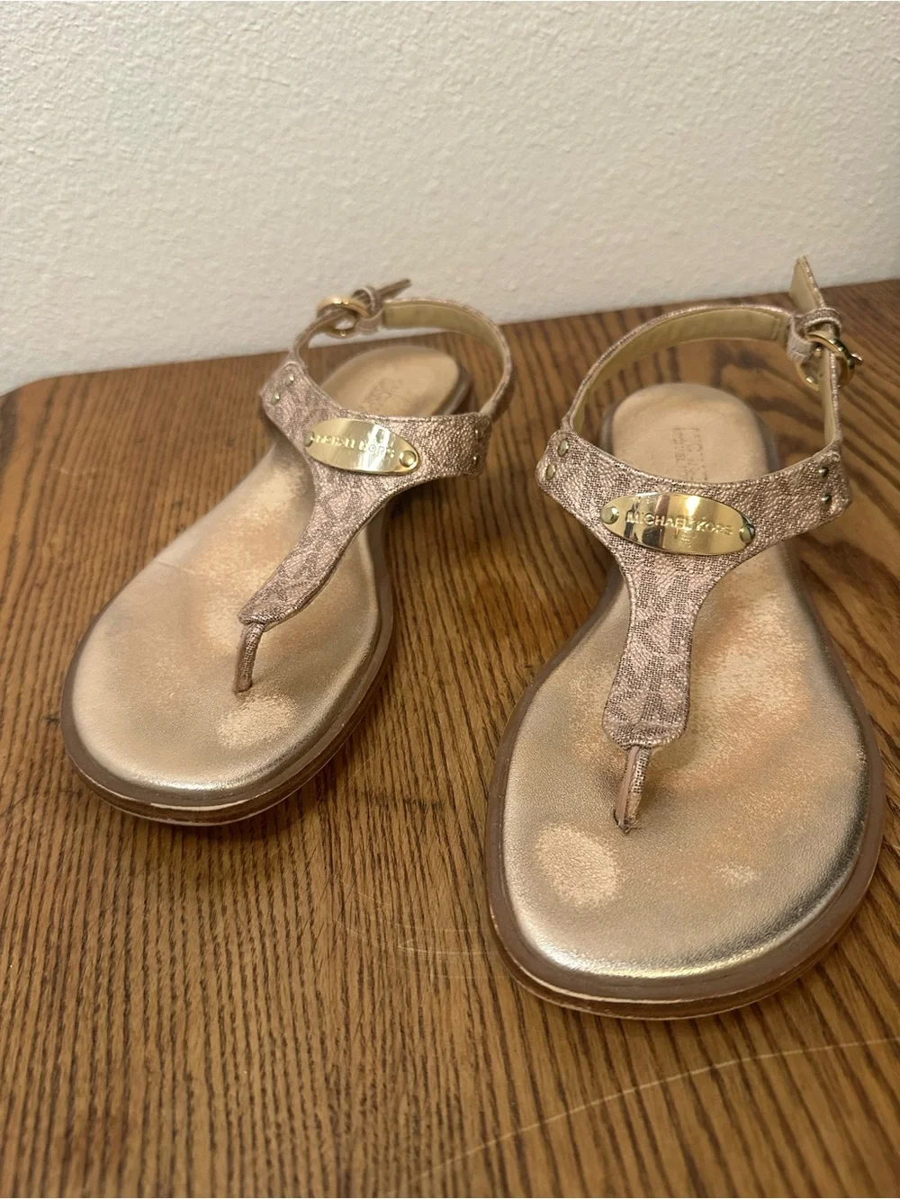 Michael Kors Metallic Rose Gold MK Logo T-Strap Sandal